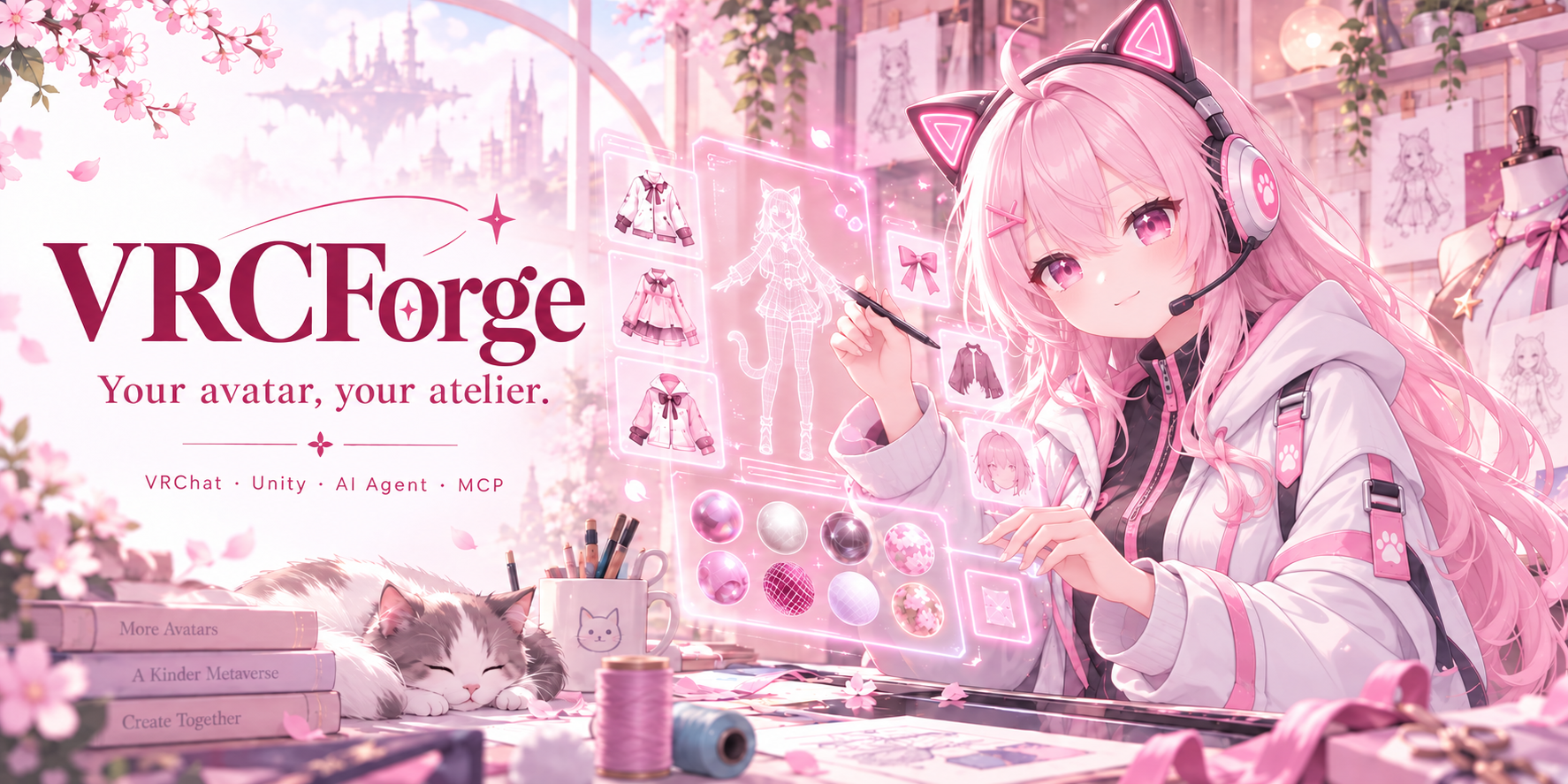 樱花猫耳耳机创作者插画，非软件截图